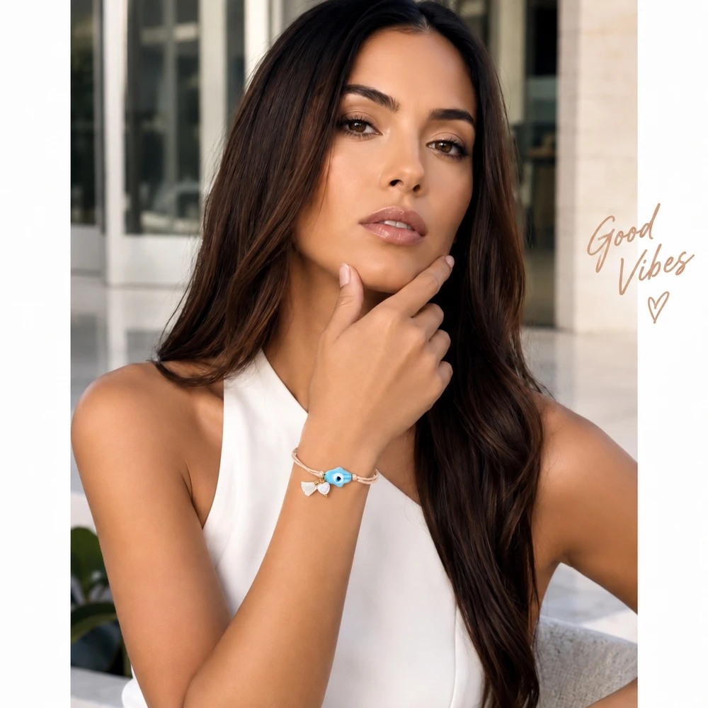1pc Women's Bohemian Adjustable Cord Strand Bracelet with Blue Evil Eye Shell Bead and Copper Accent Details