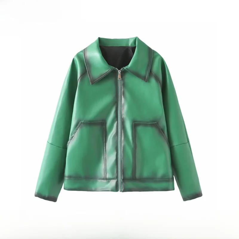 Spring Summer New Arrival Women's Fashionable American Retro PU Leather Flight Jacket Coat Loose Fit Long Sleeve Zipper Closure