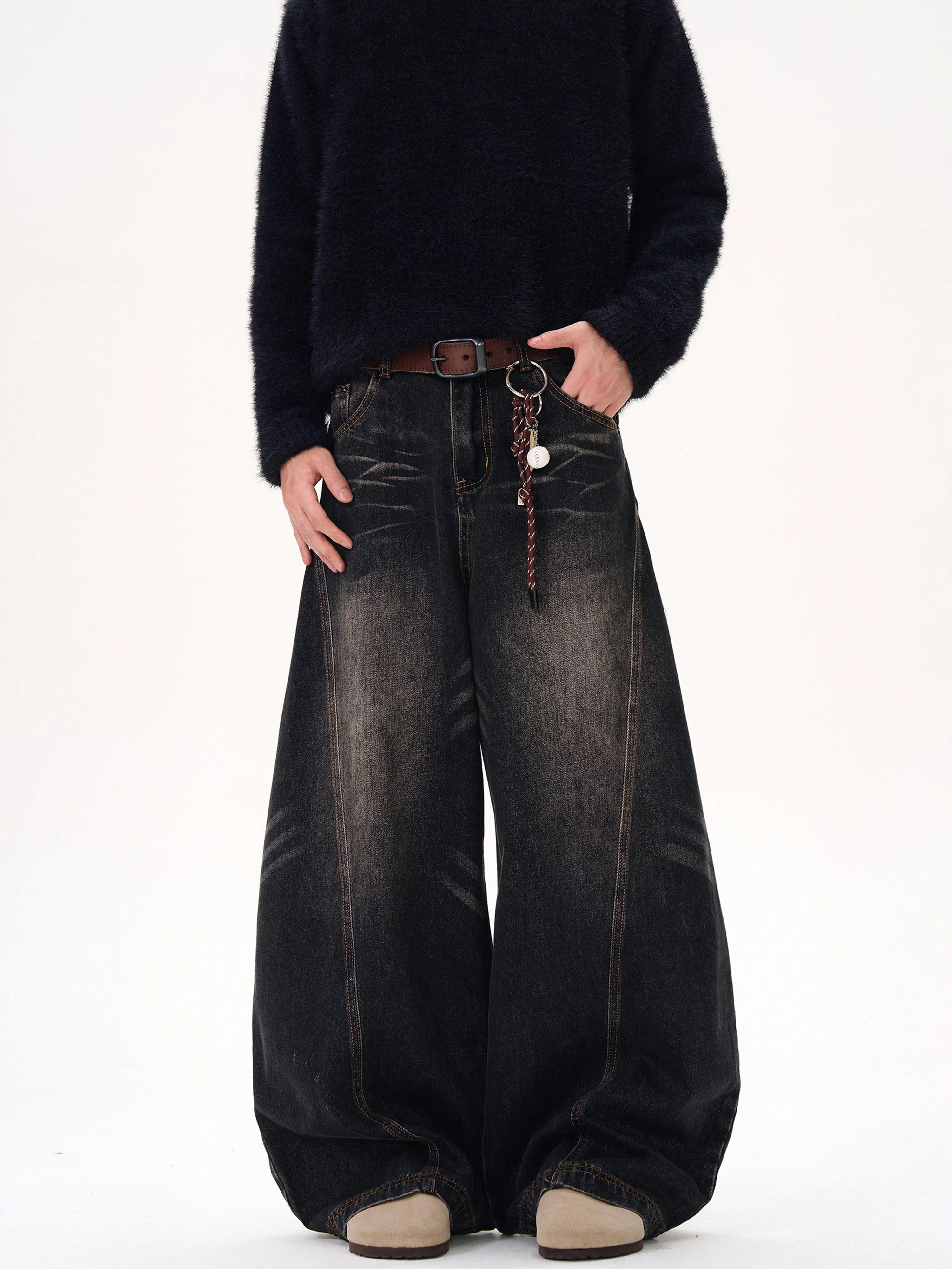 American Retro Washed Cat Whisker Black Curved Jeans Vintage Distressed Draping Loose Wide Leg Denim Pants Streetwear Trousers
