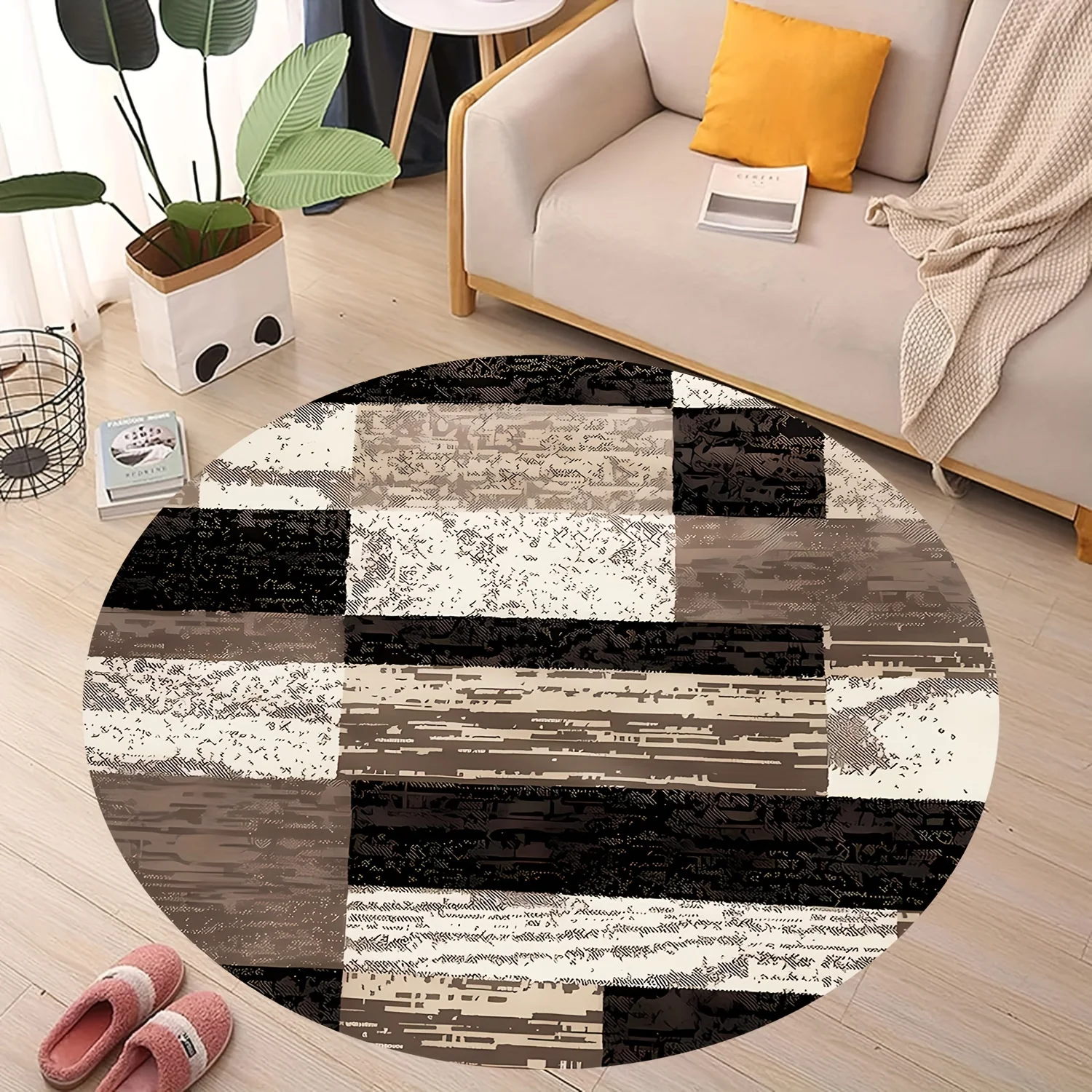 Abstract Geometric Patchwork Round Rug Flannel Black White Gray Tones Modern Minimalist Design Home Office Study Area Mat