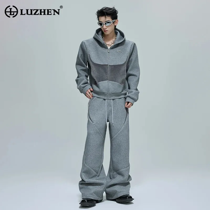 

LUZHEN 2025 New Original Streetwear Trendy Gauze Splicing Design Hoodies Coat Men's High Quality Wide Leg Casual Trousers JY4599