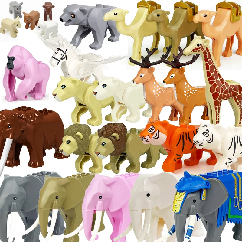 

MOC Animals Zoo Building Blocks Elephants Tigers Chimpanzees Elk Bears Sheep Camel Horse Crocodile Leopard Mini DIY Bricks T11