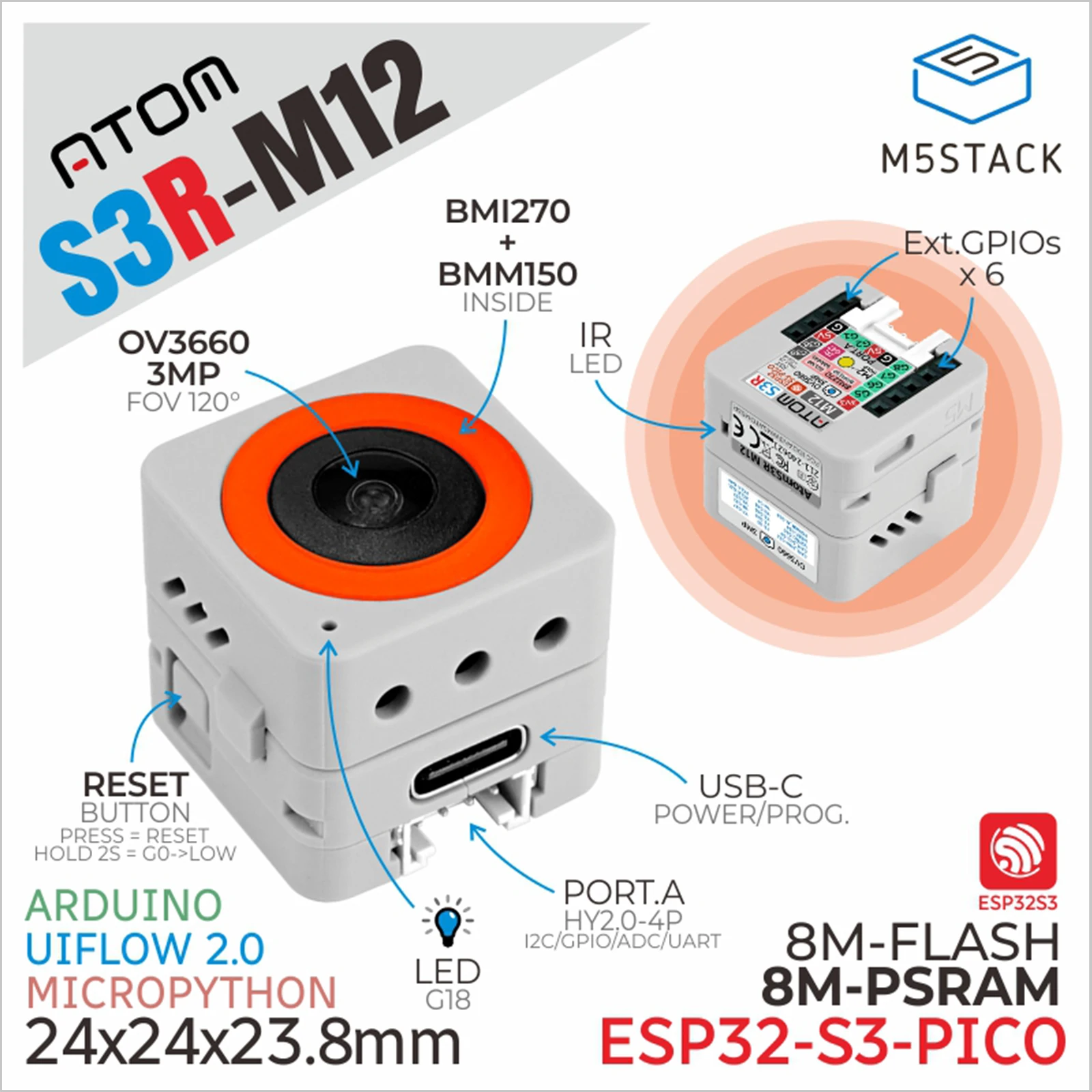 M5Stack Official ATOMS3R Camera Kit M12 Version (OV3660)