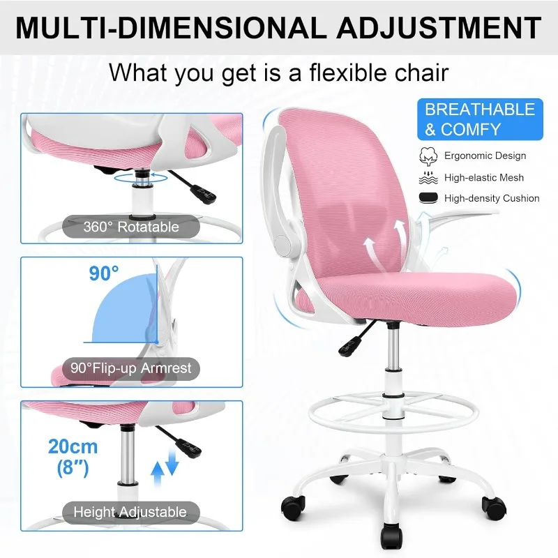 Drafting Chair Tall Office Chair with Flip-up Armrests Executive Ergonomic Computer Standing Desk Chair with Lumbar (Pink)