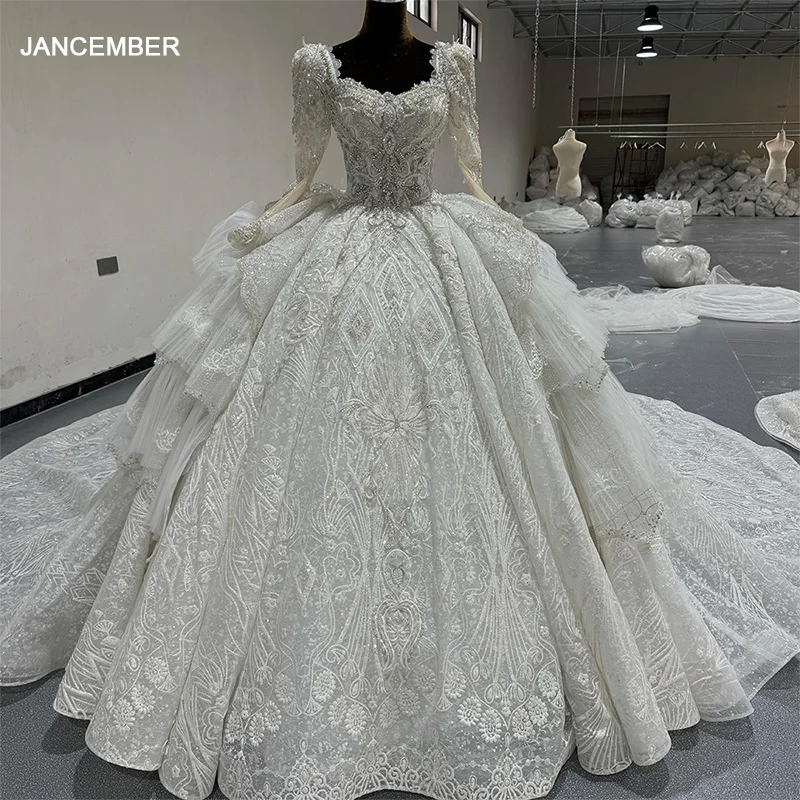 

Jancember 2024 New Gorgeous Wedding Dress Full Sleeves Lace Applique Pearls Bridal Vestido De Noiva Ball Gown Made Custom MN241