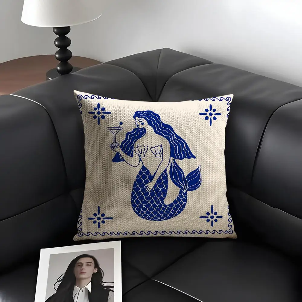 Blue Coastal Nautical Mediterranean Cushion Cover Natural Linen Fabric Double-Sided Printing Breathable Perfect Gift For Decor