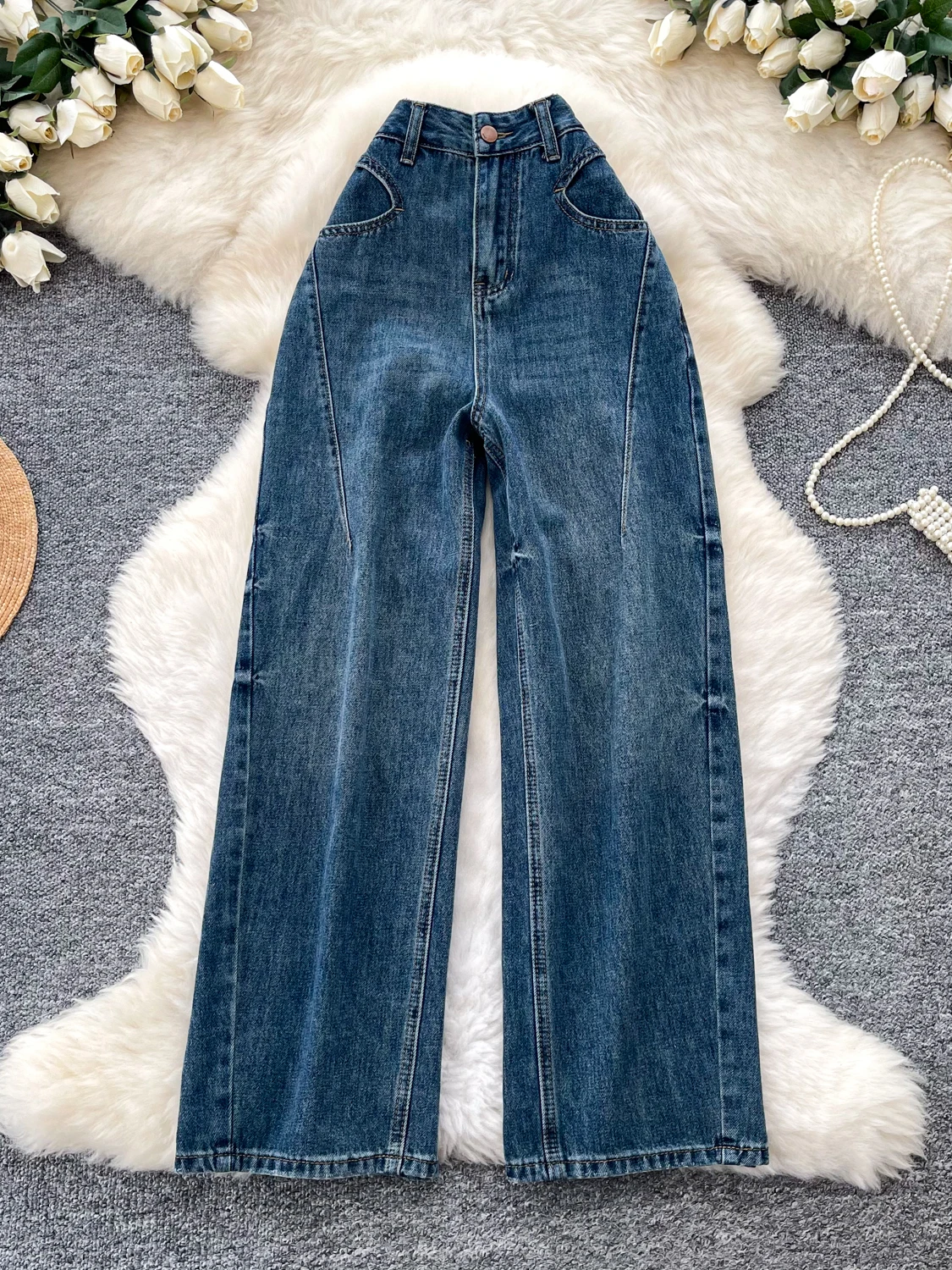 Retro High Waist Wide Leg Jeans Women's Casual Loose Slimming Straight Cut Long Pants Small Size Personality Fashion