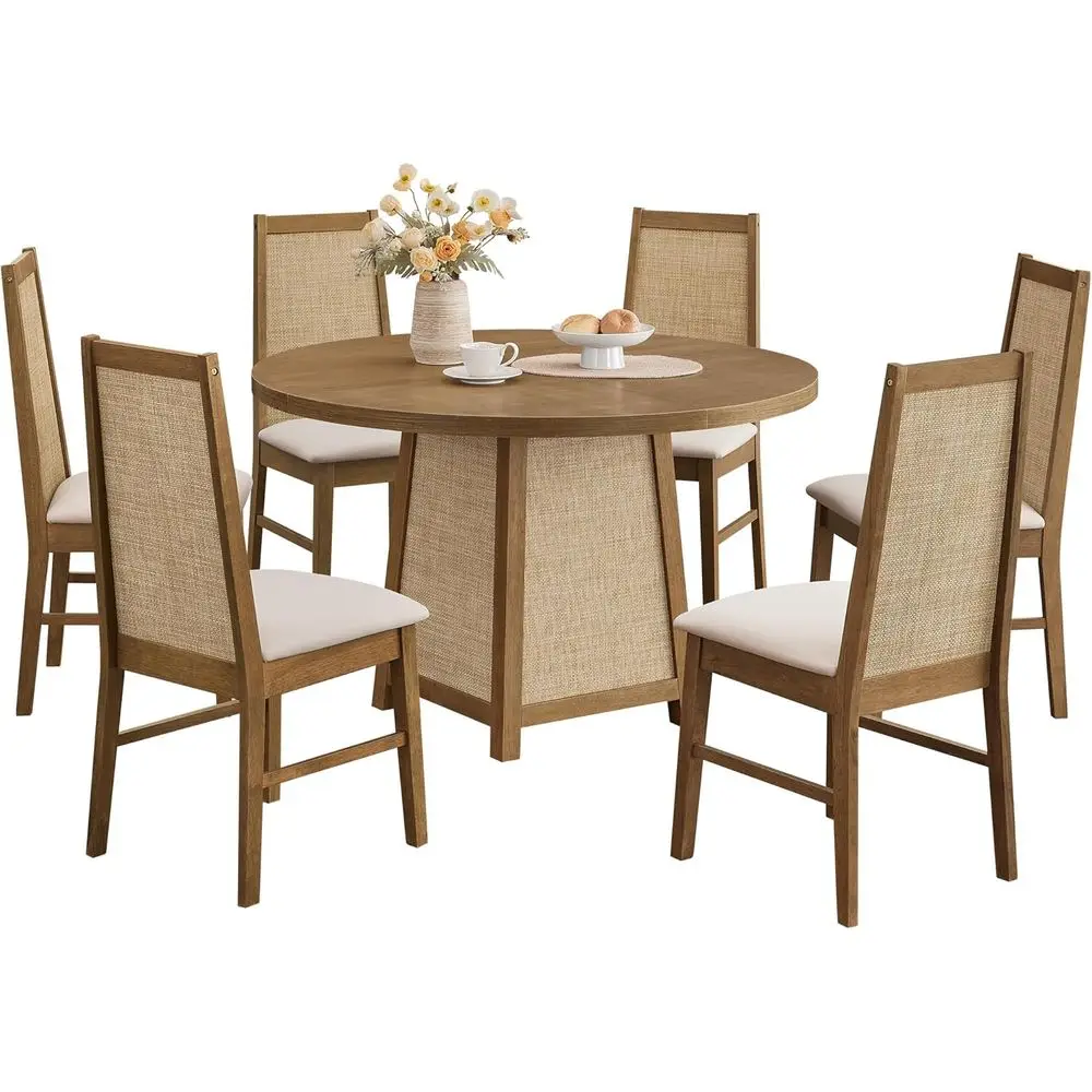 

SICOATS 47" Round Wood Dining Table Set or 6 - Rattan Circle Kitchen Table with 6 Upholstered Dining Room Chairs, 7-Piece armhou