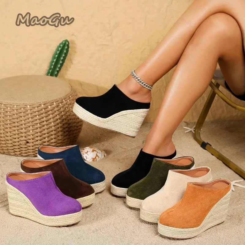 Alpargatas de Ante de Color Sólido con Plataforma y Cuña, Sandalias Deslizantes para Mujer, Suela de Yute, Zapatos Casuales de Verano para Mujer