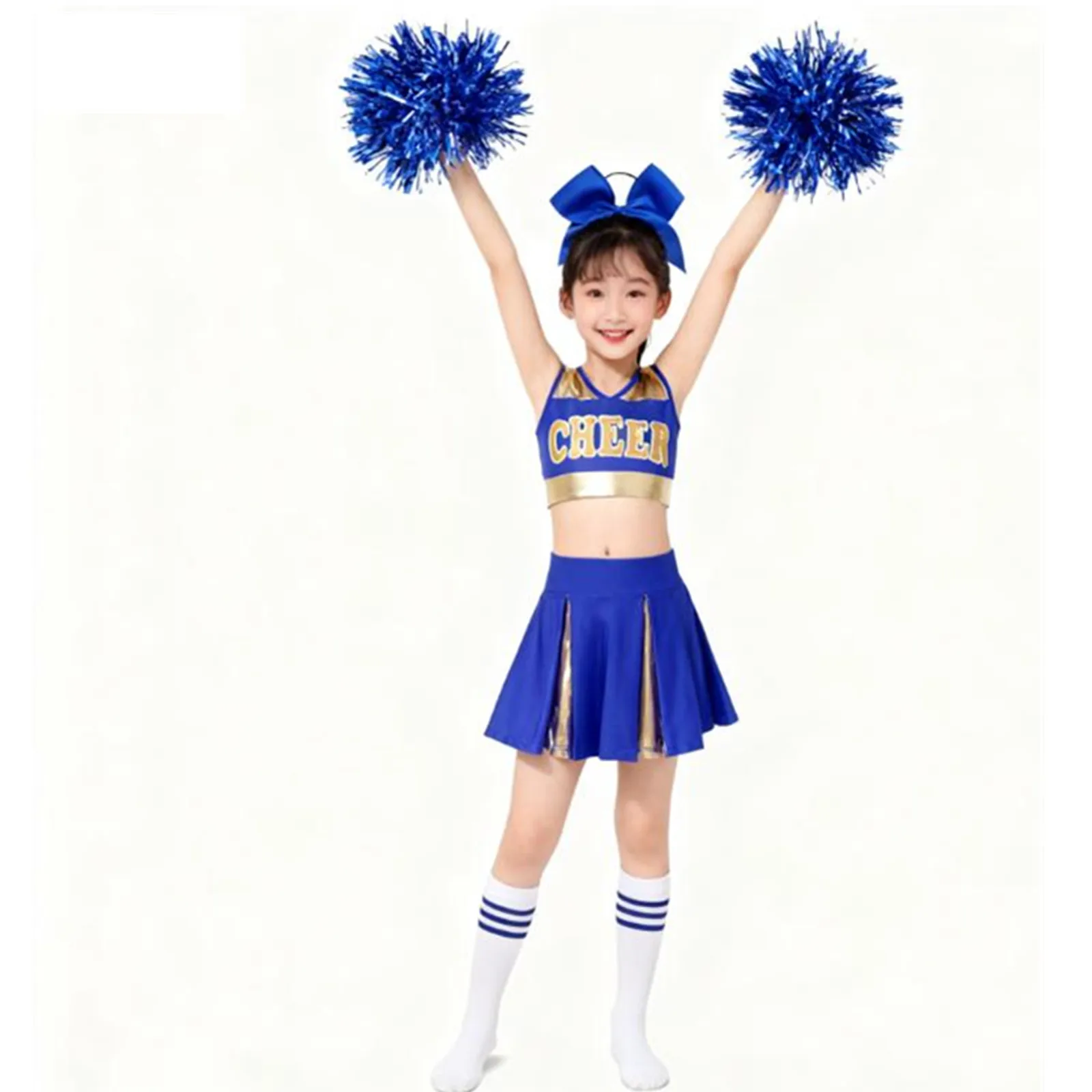 أطفال بنات التشجيع موحدة الباليه ملابس الرقص الحديثة المشجع زي الخامس العنق إلكتروني طباعة المحاصيل الأعلى مطوي تنورة