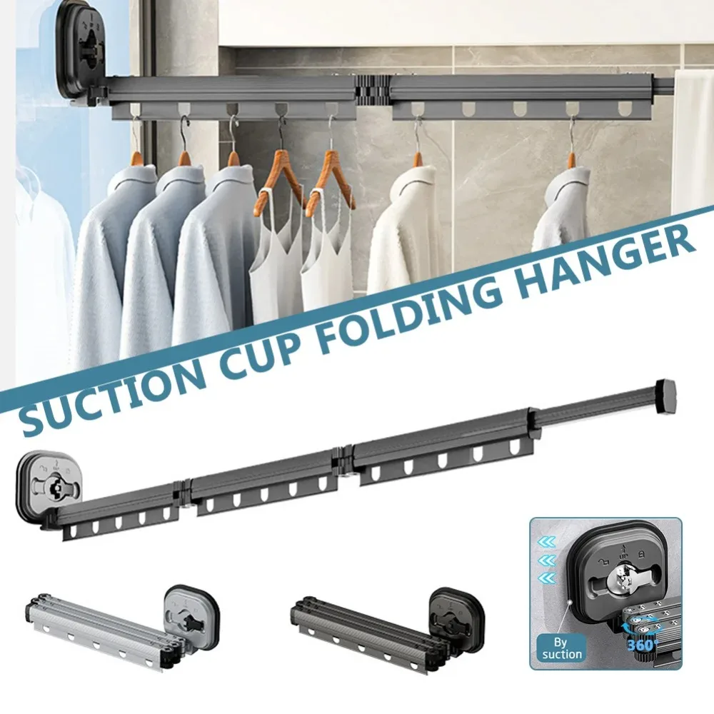 Suction Wall Mount Telescopic Folding Clothes Hanger No Punching Heavy Duty Saving Space Aluminum Alloy Hanging Pole for Balcony