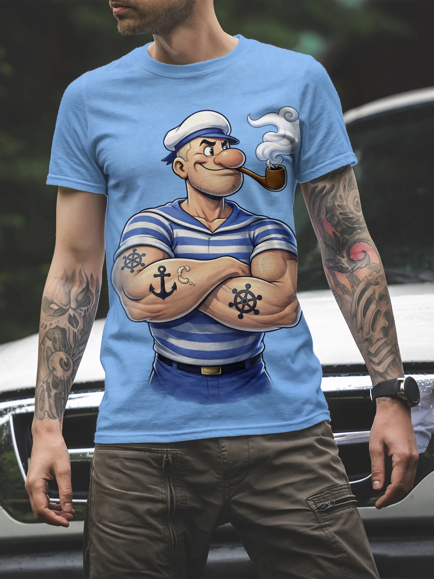 Camiseta de Manga Corta para Hombre con Estampado Gráfico de Popeye el Marinero, Diseño Clásico a Rayas, Ideal para Uso Diario Informal y para Fanáticos de la Nostalgia