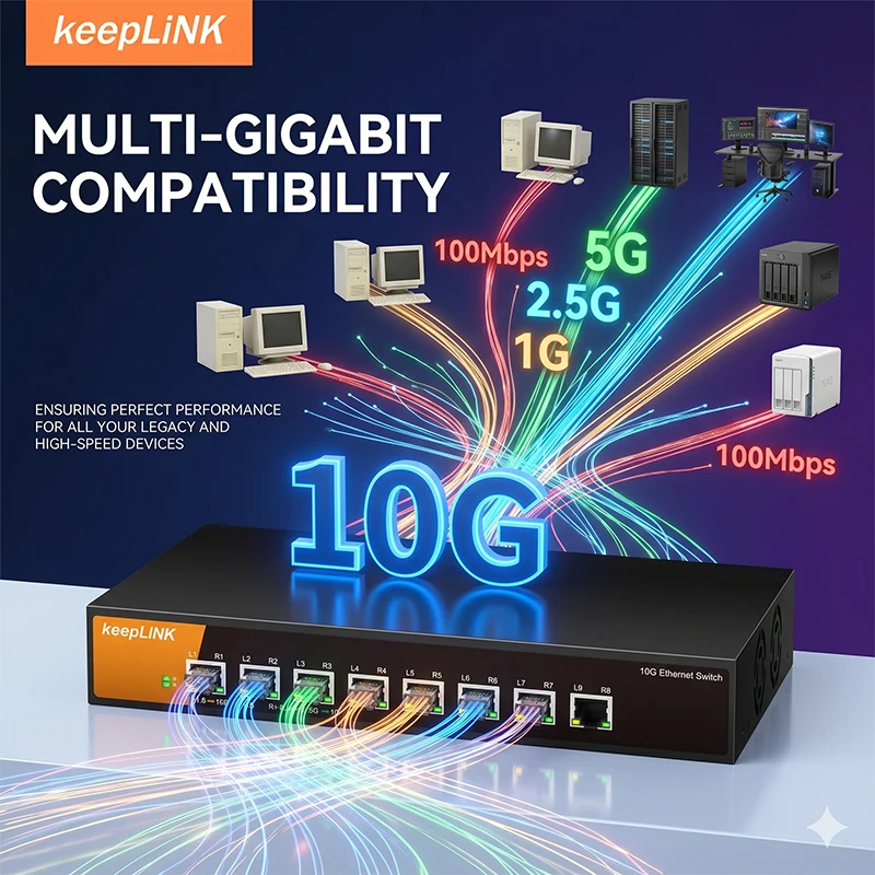 KeepLiNK 8 Port 10G Multi-Gigabit Ethernet Switch 10Gbps Unmanaged Network Switch Sturdy Metal Casing Hub