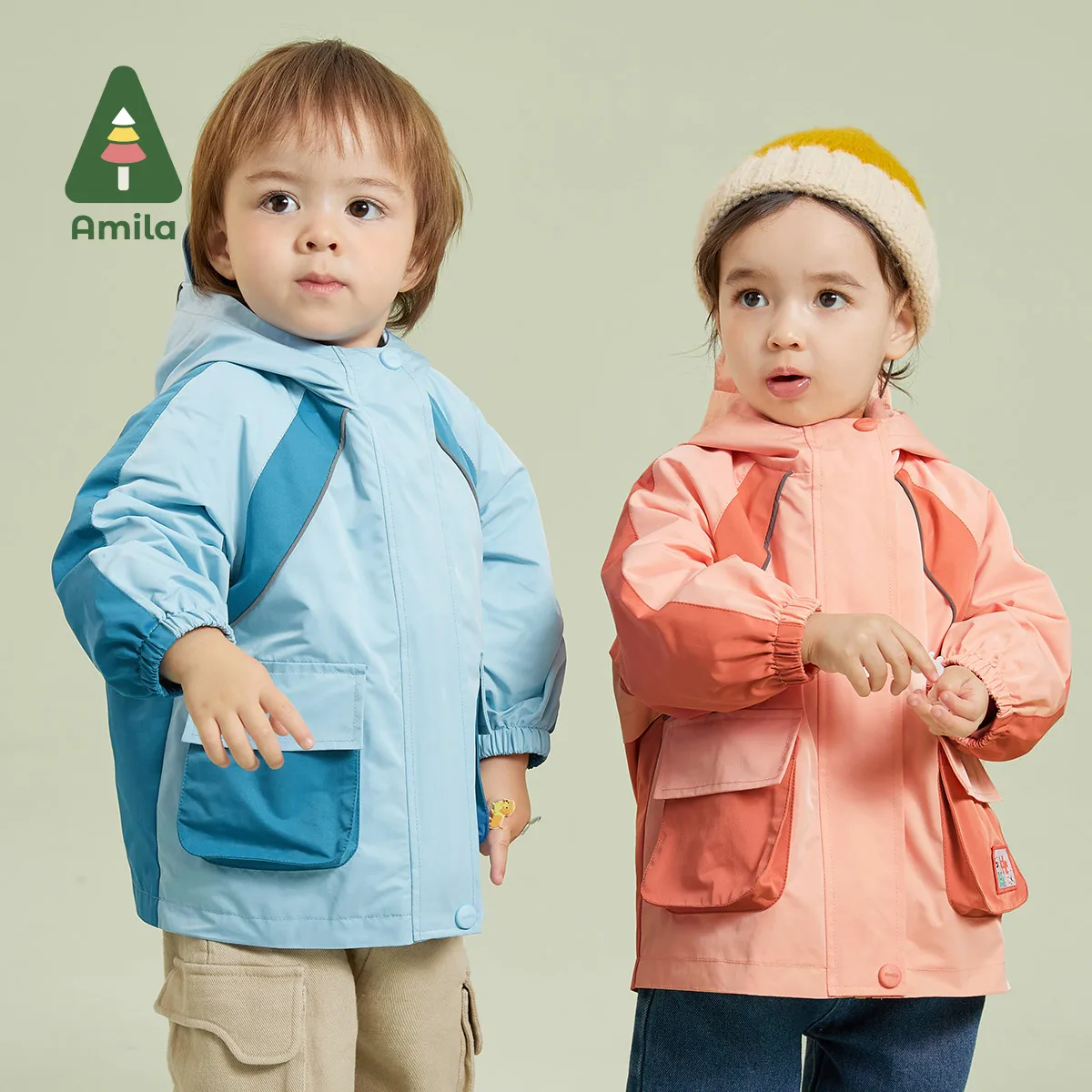 Amila Baby Coat 2023 Autumn New Contrast Montage Comfortable Warm Cute Two-Piece Girls And Boys  Outerwear Kid\'s Clothes