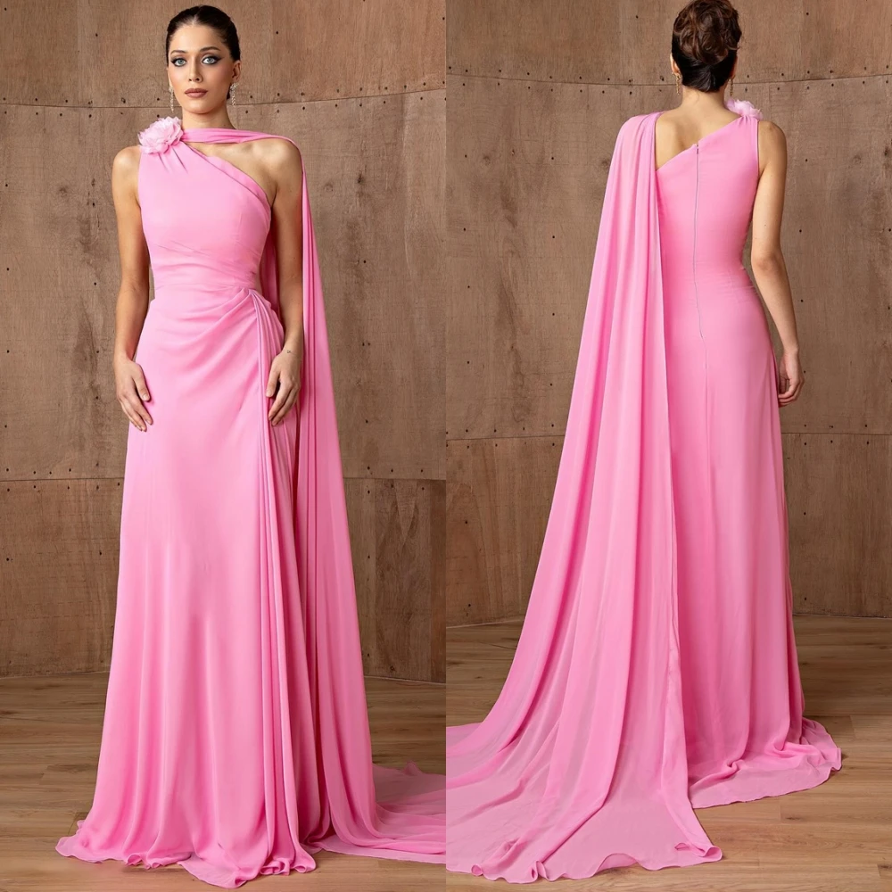 

Customized Luxury One Shoulder Evening Dress Elegant Chiffon Cocktail Dress Temperament Watteau Train Special Occasion Gowns