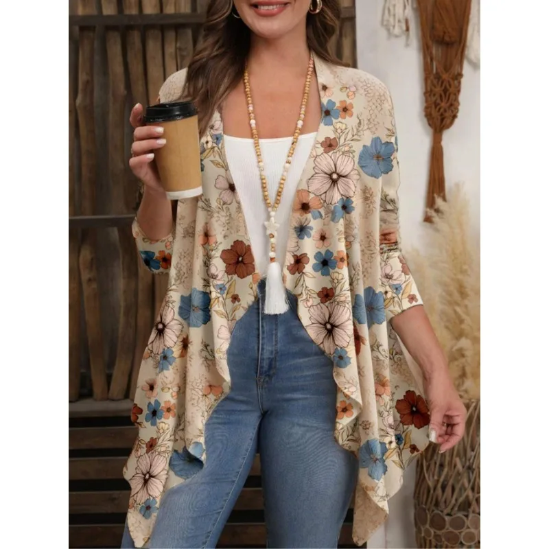 

Плюс размер 1XL-5XL, женский модный кардиган с длинными рукавами и цветочным принтом, женский повседневный осенний кардиган, куртка