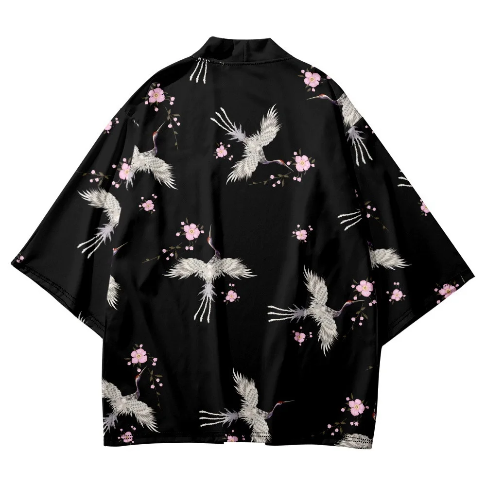 Chinese Style Crane Print Black Kimono Fashion Japanese Streetwear Men Women Cardigan Cosplay Shirts Harajuku Samurai Haori