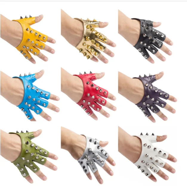 

Fashion Men Punk Hiphop Rivet Half Finger Leather Gloves Women's Stage Performance Fingerless Touch Screen Motorcycle Mitten K99