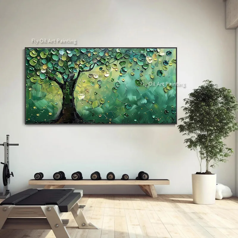 Original Green Black Knife Thick Tree Landscape Wall Art Decor For Room Large Yellow Blue People Under Tree Oil Painting
