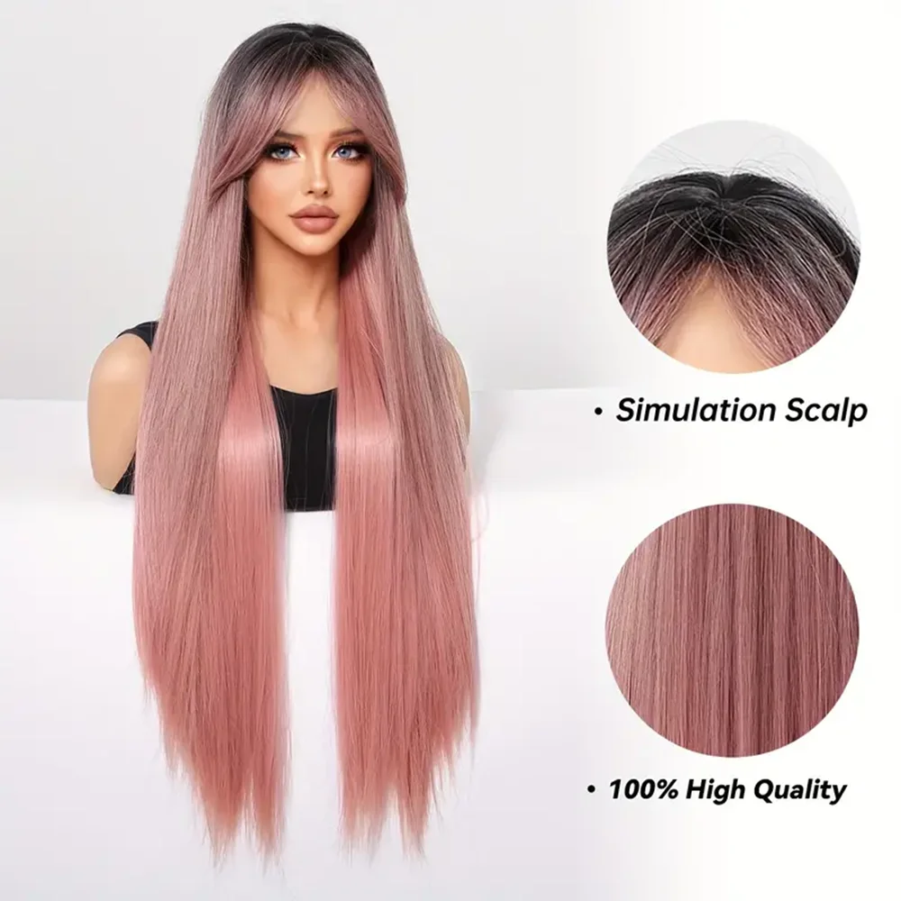 30Inch Synthetic Ombre Pink Wig with Long Bangs Pink Super Long Straight Wigs for Women Heat Resistant Christmas Cosplay Hair