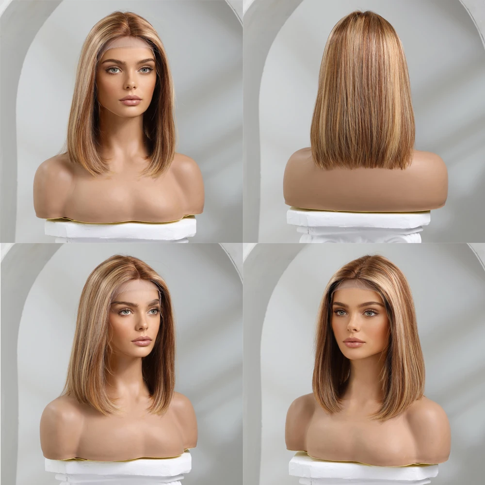 HAIRCUBE-Peluca de cabello humano 13x1 para mujer, postizo de encaje frontal, largo, Bob, liso, resaltado, pelo Remy marrón ombré, resistente al calor