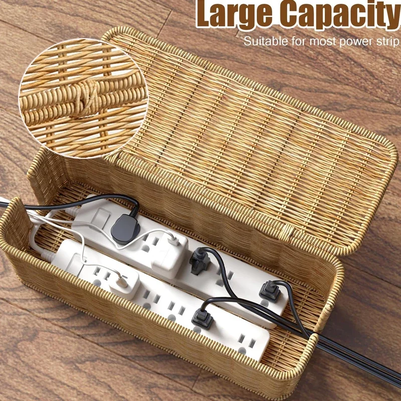 

Handmade Cable Management Box, Durable Rattan Cable Organizer, 2 Open Slots Cords Hider Box, Under Desk Cord Organizer케이블 관리 박스