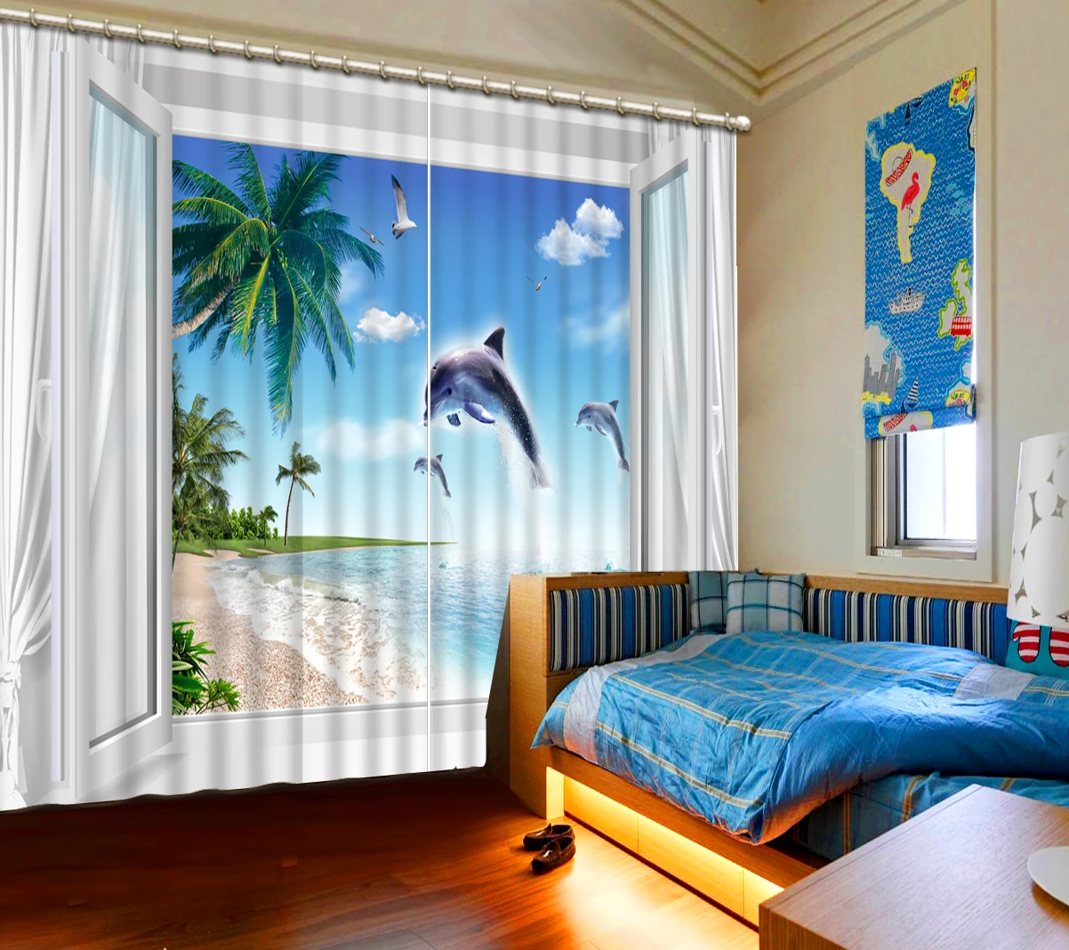 Modern Bathroom Shower Curtain 2pcs 3D Three-dimensional nature scenery window curtains