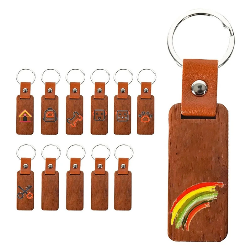 AA50-12Pcs Wooden Key Ring Blanks, Personalized Key Ring, Pendant With Key Ring, For Laser Engraving, DIY Key Rings