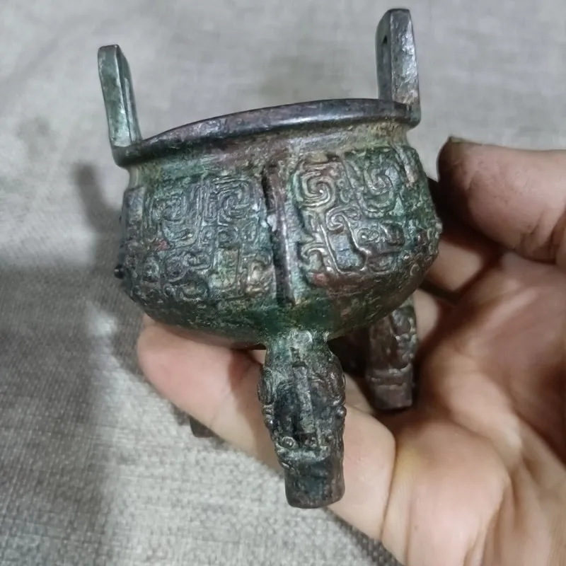 Bronze incense burner with red spots green patina, three-legged, office and home decoration, handicraft, made of copper