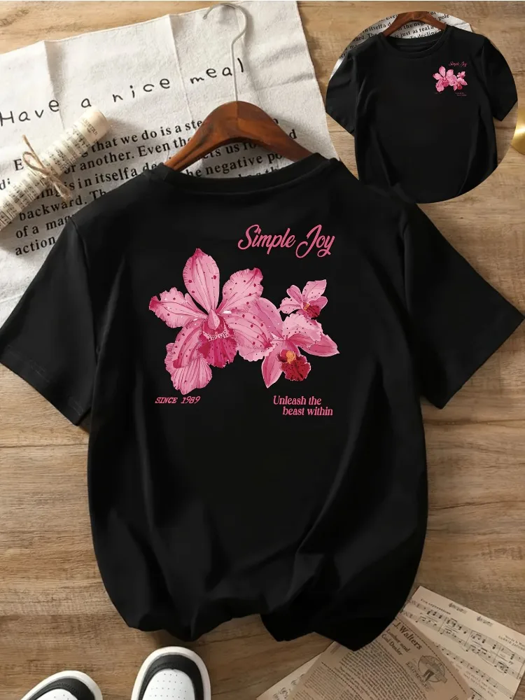 Front and back short-sleeved orchid black background printed round neck women's casual top comfortable women's clothing