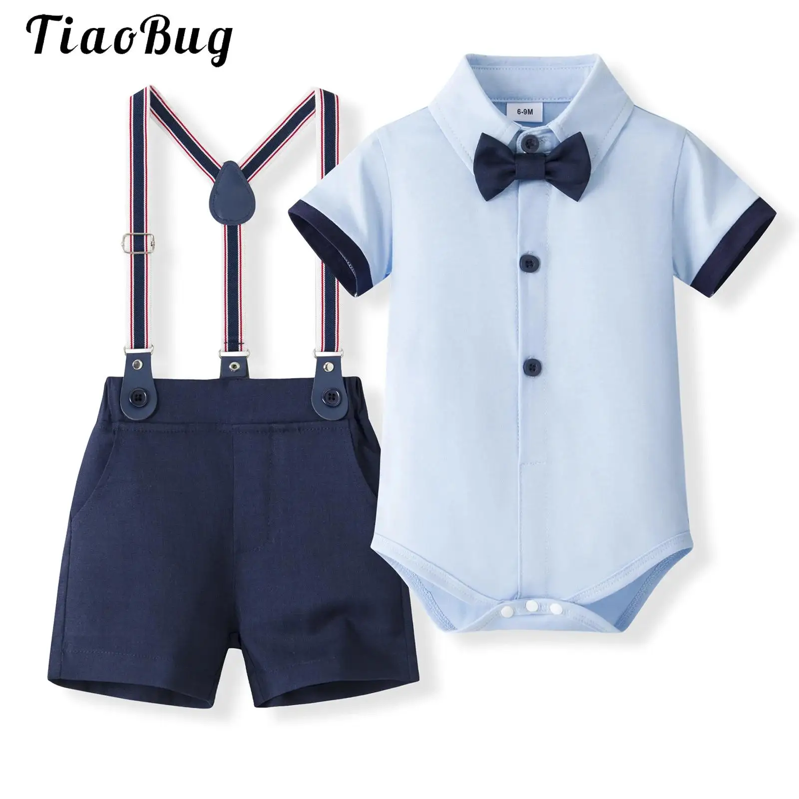 

Toddlers Boys Gentleman Suit Short Sleeve Rompers with Bow/Bowtie And Suspenders Shorts Set for Birthday Wedding Parties Clothes