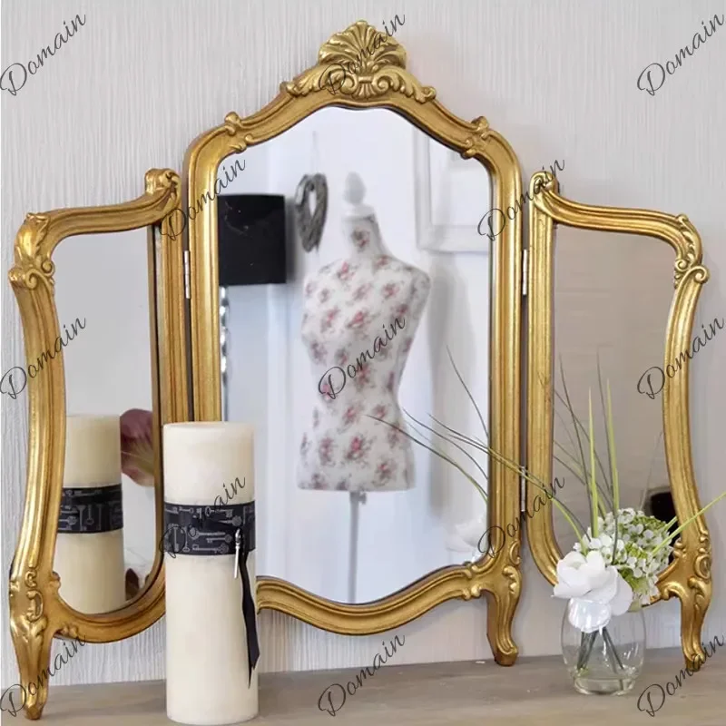 XX French Retro Desktop Tri-fold Mirror Bedroom Dresser Mirror European Desktop Three-sided Folding Makeup Mirror Antique Gold