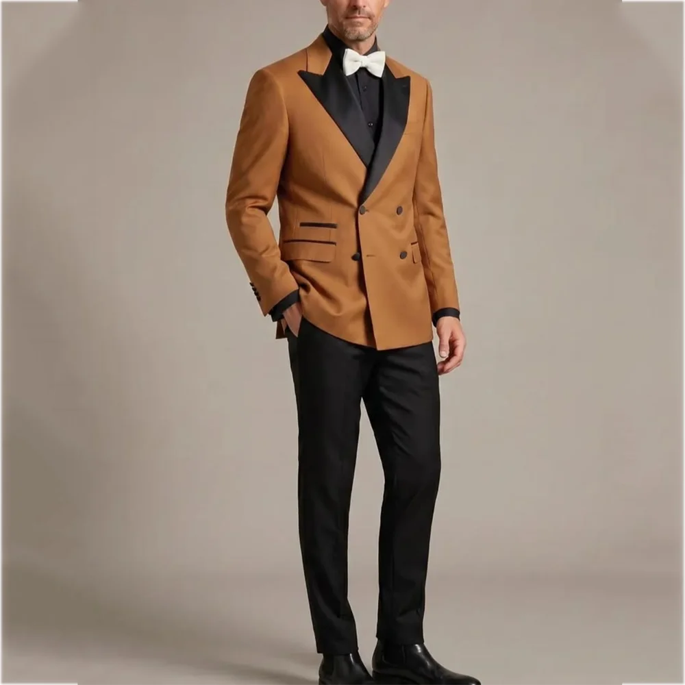 Men Contrast Color Suit Satin Peak Lapel Blazer Black Pants Two Pieces Slim Tuxedo Wedding Party Prom Business Formal Wear