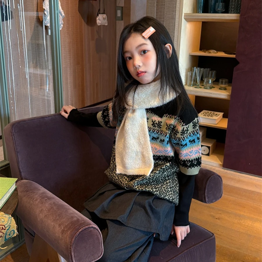 Girls Sweater 2026 Spring and Autumn New Children's Clothing Korean Style Baby Girl Leisure Fair Island Deer Jacquard Sweater