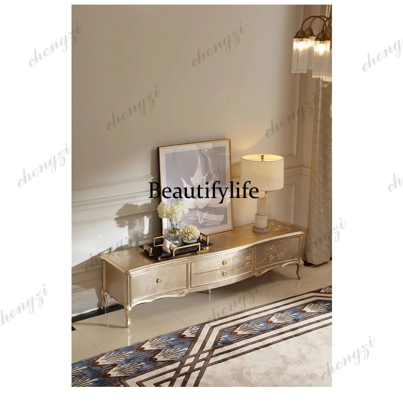 French light luxury solid wood TV, storage cabinet European palace sticker silver foil hand-painted edge cabinet
