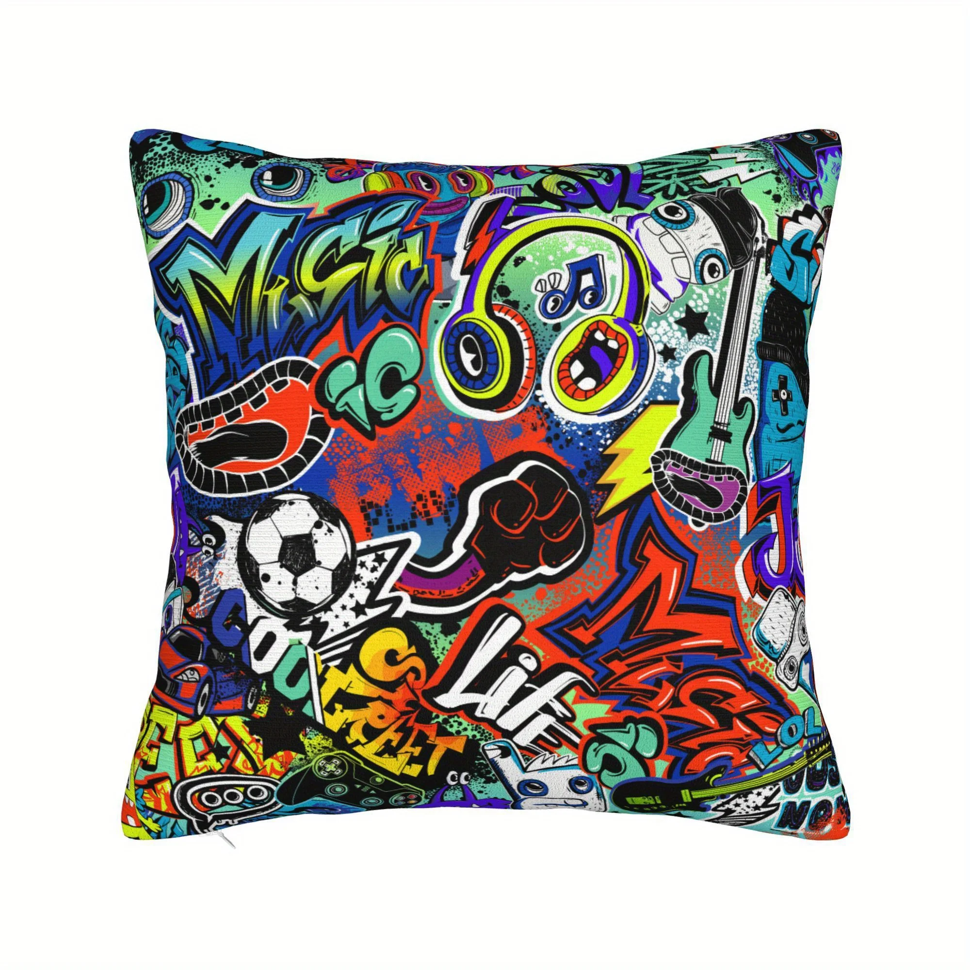 Grunge Graffiti Throw Pillowcase - Vibrant Street Art Music Sports Pop Culture Cushion Cover | Decorative Pillow for Living Room