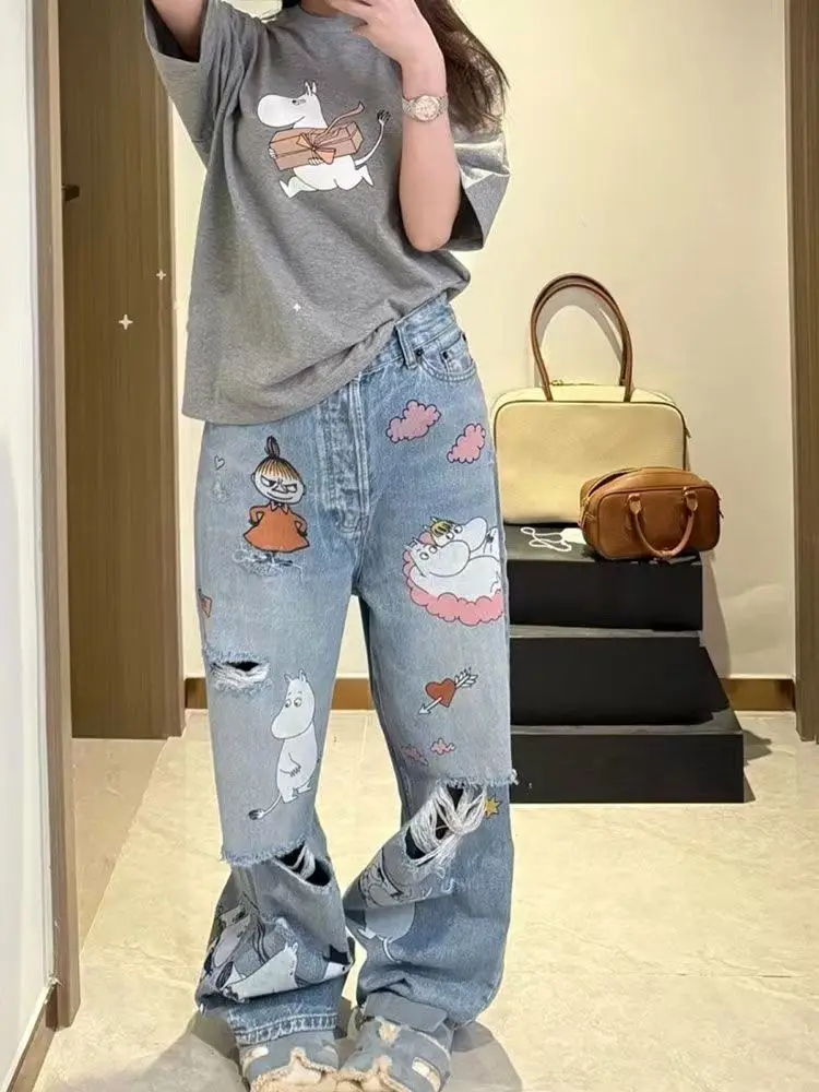 レトロ漫画落書きウォッシュリッピングワイドレッグジーンズレディース2025春夏デザインセンスゆったり薄手パンツ潮