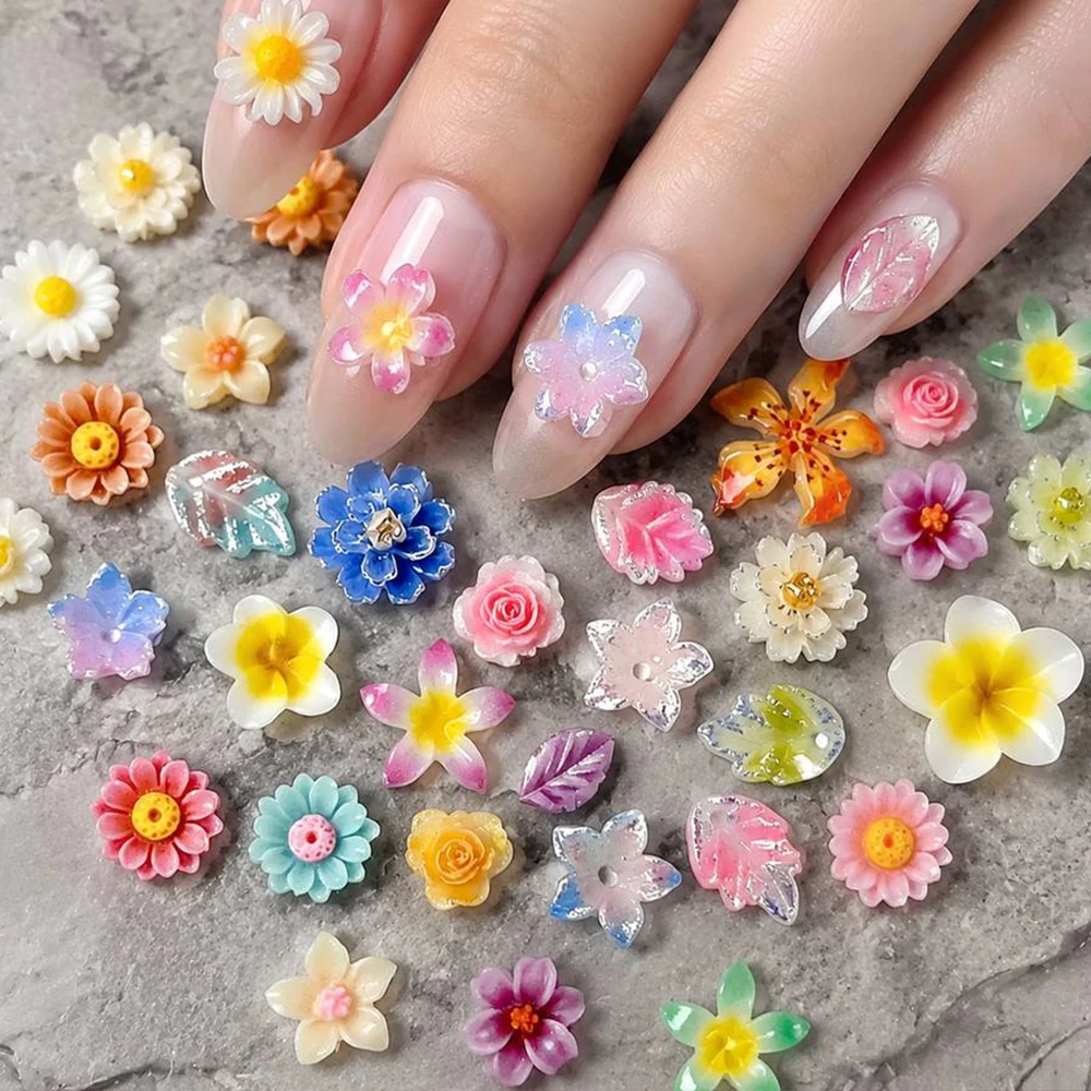 50Pcs Translucent Resin Flower Nail Charms Multicolor Mixed Floral Nail Studs Daily Nail Art Ornaments