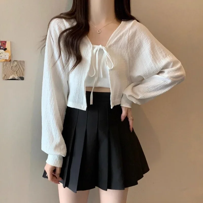 

Белый вязаный кардиган, женский летний тонкий солнцезащитный трикотаж на шнуровке, топы, женское короткое пальто с рукавами-фонариками в корейском стиле