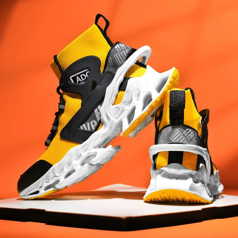 Men's Sports Shoes, High Top Elastic Fly Woven Basketball Shoes, Shock-absorbing Three-dimensional Oversized Socks Running Shoes