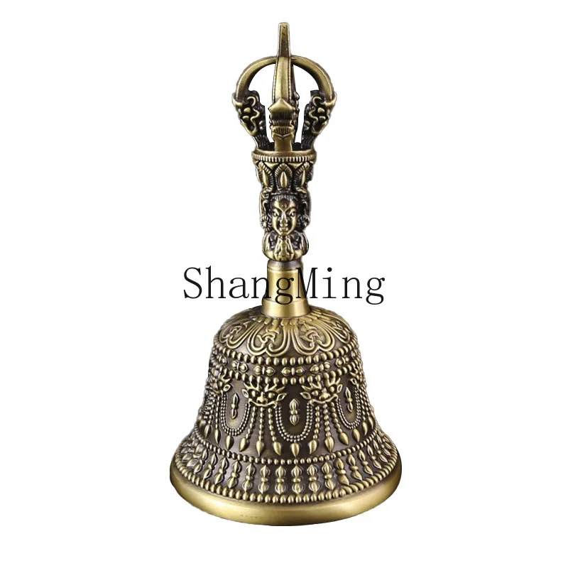 

PYH carved rattle copper bell with handle, hand-cranked bell ornament, school class home desktop decoration brass bell