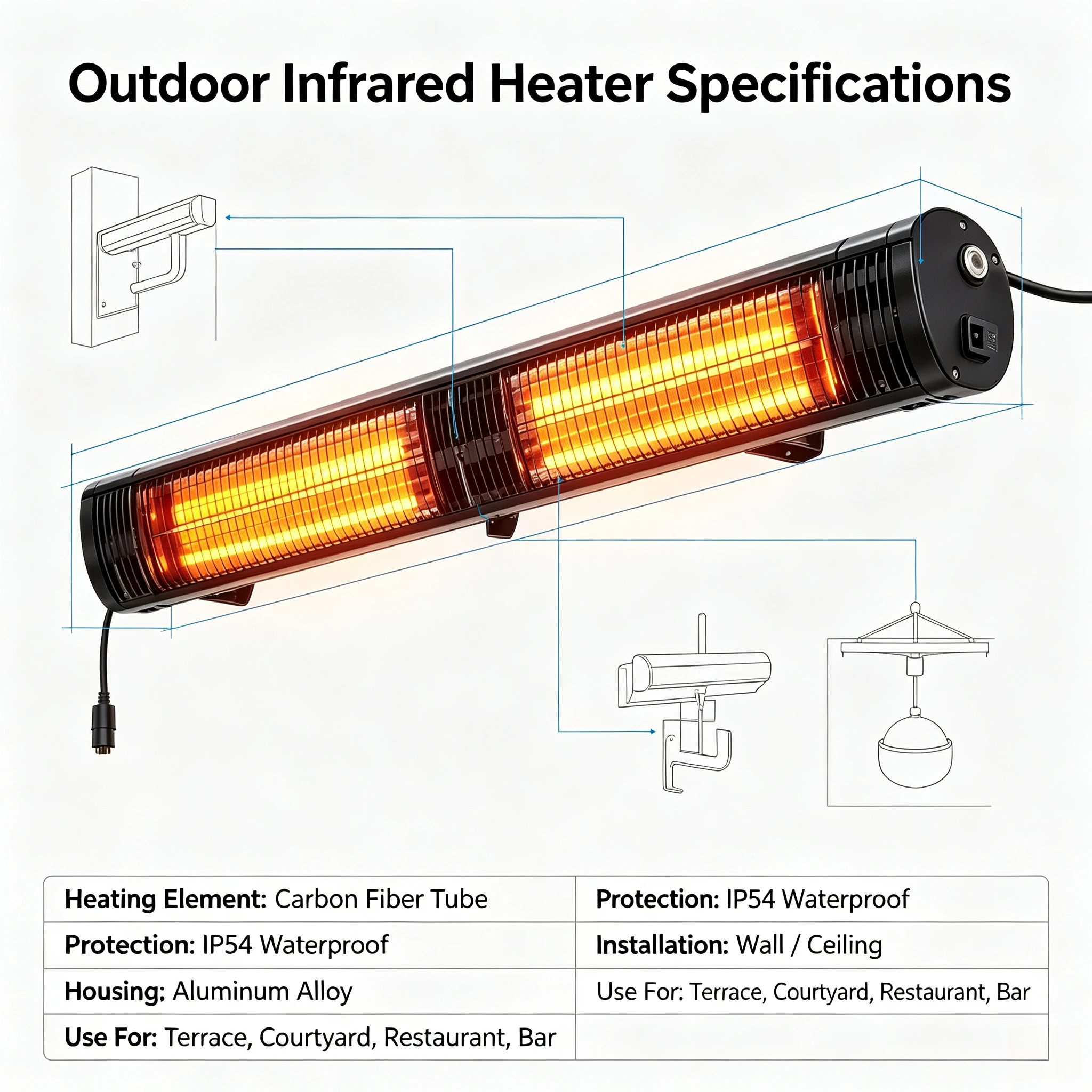 3000W Remote Control Infrared Halogen Heater Outdoor Gazebo Garage Winter Garden Electric Heating Equipment