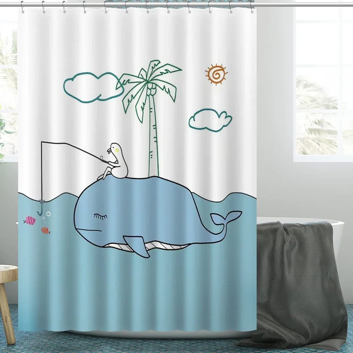 Fishing Duck Whale Fish Shower Curtain for Bathroom,Ocean Creature Marine Animals Waterproof Bathroom Curtains Bath Screen,hooks