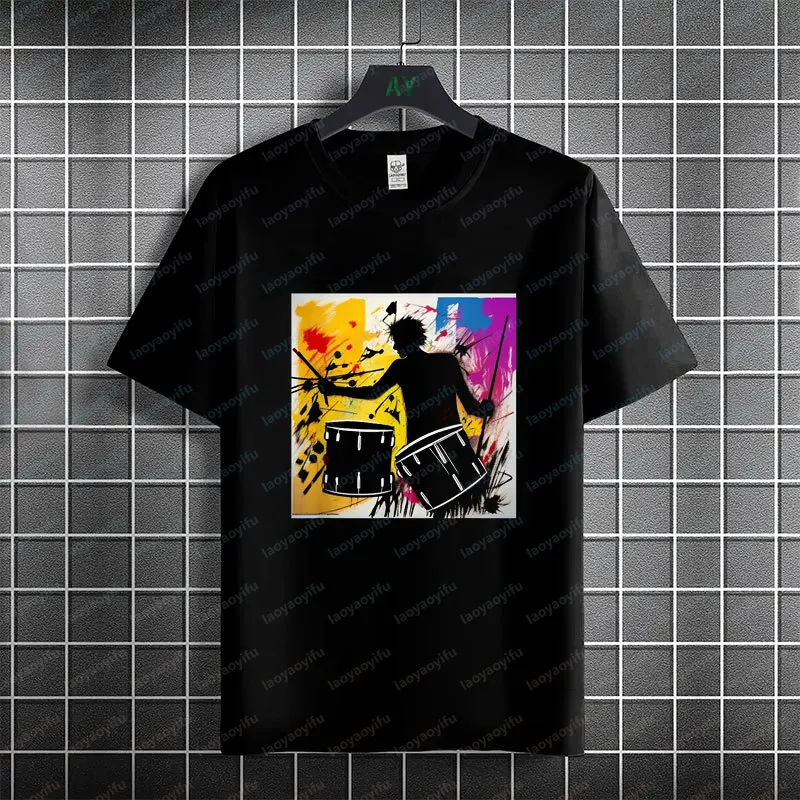 Funny Gorilla Drumming Graphic T-Shirt 100% Cotton Short Sleeve Round Neck Fashion Humor Style Tee for Drummers & Music Fans