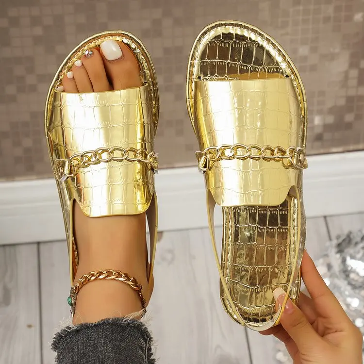 Damen Glitzer-Gold-Pantoletten Sommer Metallic Strukturierte Sandalen mit Ketten-Dekor Große Größen Offene Zehen Flache Slides Damen-Hausschuhe – Detail 1