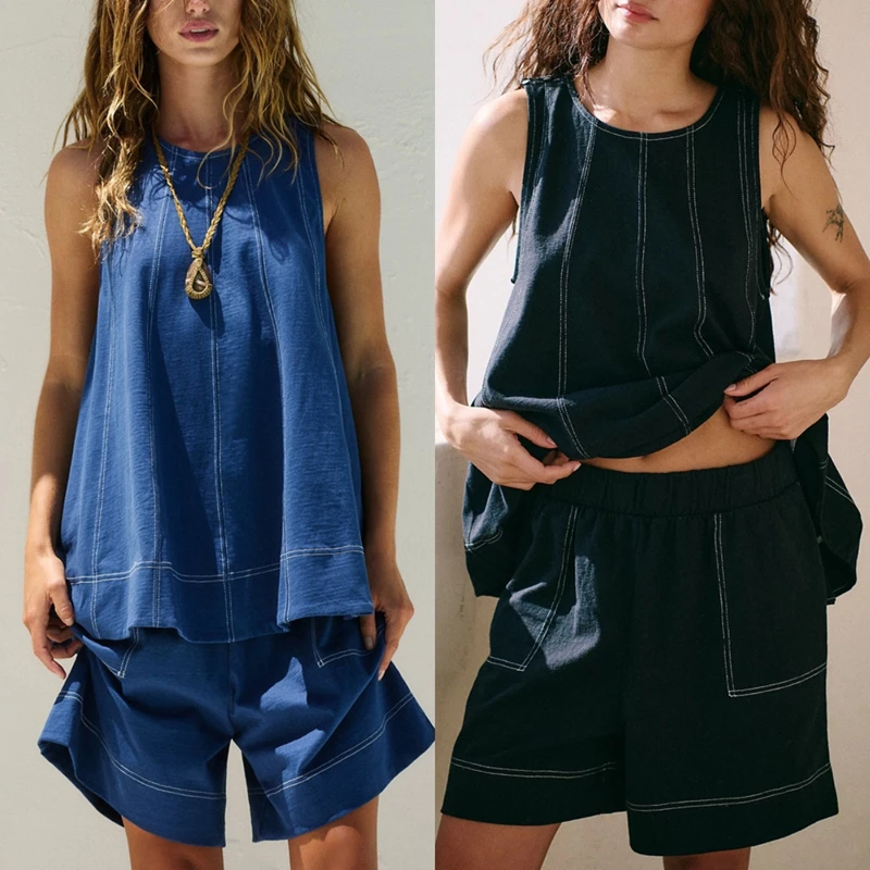 

2025 Summer Women's Casual Loose Pocket Sleeveless Vest and Shorts Denim Two-Piece Set