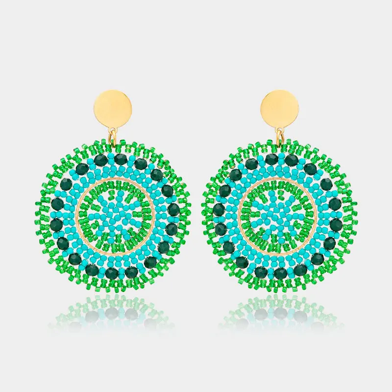 ZGMXR Rice bead earrings Roundness Graphic Crystal Hand knitting Sunflower Green Bohemia Fashion Versatile  Beaded earrings