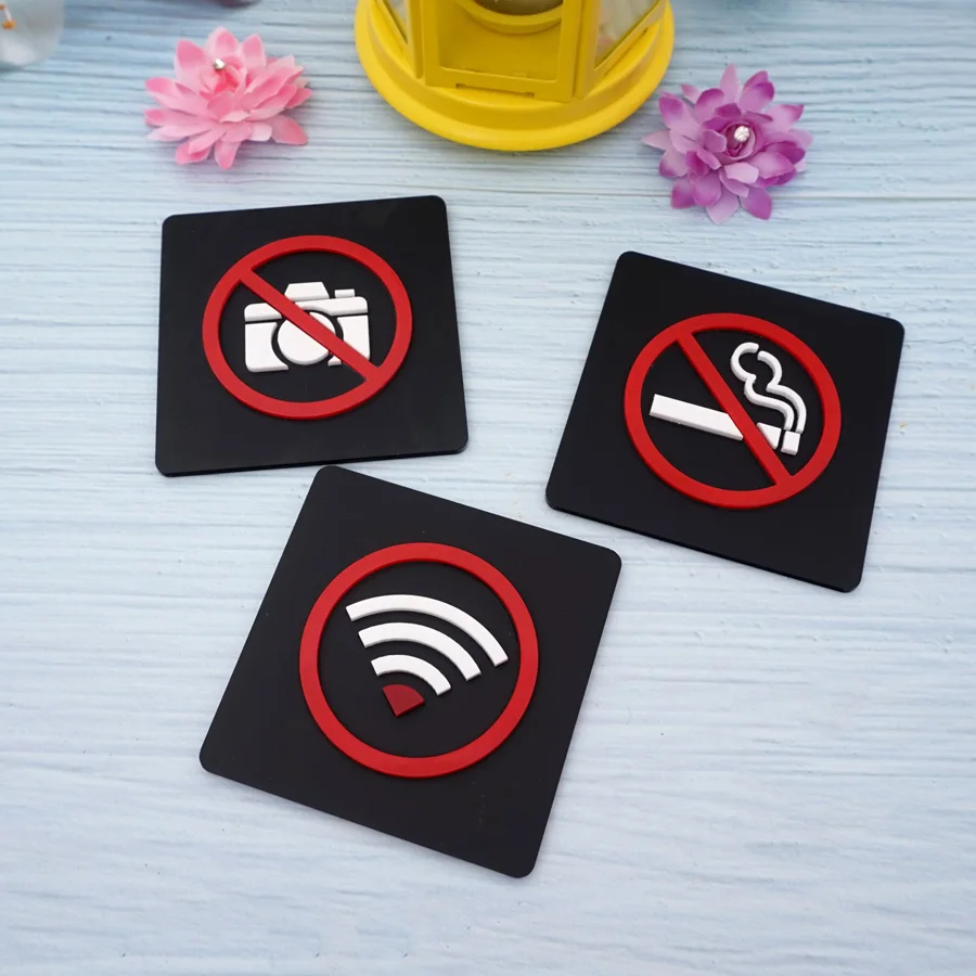 

1 Piece 10cm Black Color No Smoking No Photo Warn Sign WiFi Logo 3D Acrylic Wall Sticker For Public Places House Shops Decor