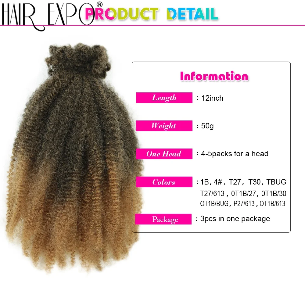 3PCS Afro Kinky Curly Bulk Crochet Hair Synthetic Marley Twist Braiding Hair Extensions Ombre Protein Fiber Micro Twist Braids