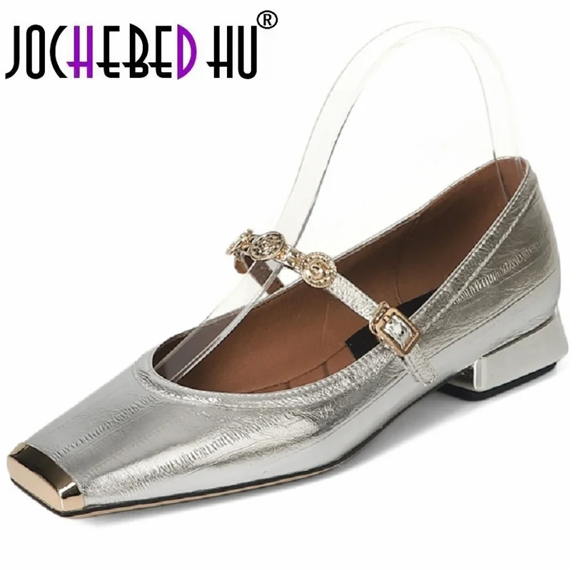 

【JOCHEBED HU】Women Genuine Leather Mary Janes Square Toe Flat Buckle Shallow Ladies Fashion Career Shoes Spring Autumn 34-40